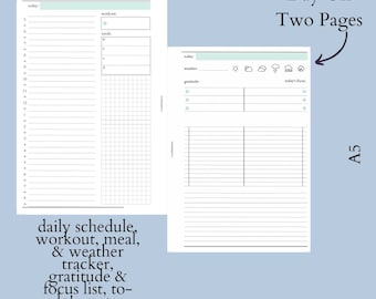 May include: A printable A5 planner template with a daily schedule, workout, meal, and weather tracker, gratitude and focus list, to-do's, and notes.