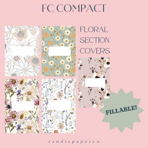 Könnte beinhalten: Fünf bedruckbare Trennblätter mit floralen Mustern für einen kompakten Planer. Die Blätter sind mit einem leeren Feld zum Beschriften anpassbar. Der Text "Floral Section Covers" und "Fillable!" ist ebenfalls im Bild enthalten.