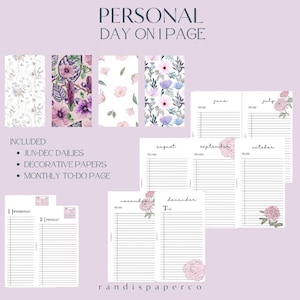 Könnte beinhalten: Ein Planer mit floralen Dekorpapieren und monatlichen To-Do-Seiten. Der Planer enthält Juni-Dezember-Tageskalender. Der Text auf dem Bild lautet "PERSONAL DAY ON 1 PAGE" und "randispaperco".