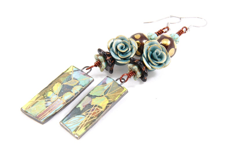 Handmade lightweight abstract polymer green dangle earrings mother/'s day gift