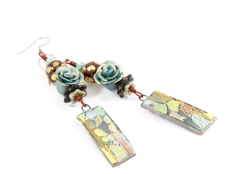 Handmade lightweight abstract polymer green dangle earrings mother/'s day gift