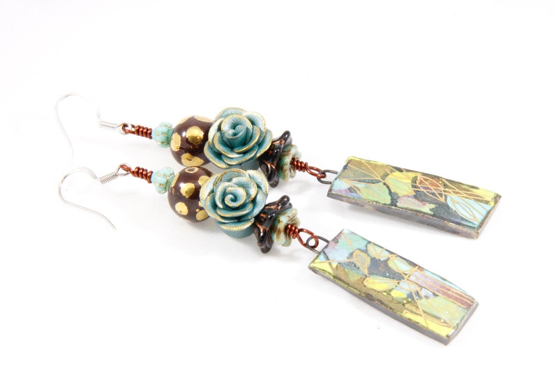 Handmade lightweight abstract polymer green dangle earrings mother/'s day gift