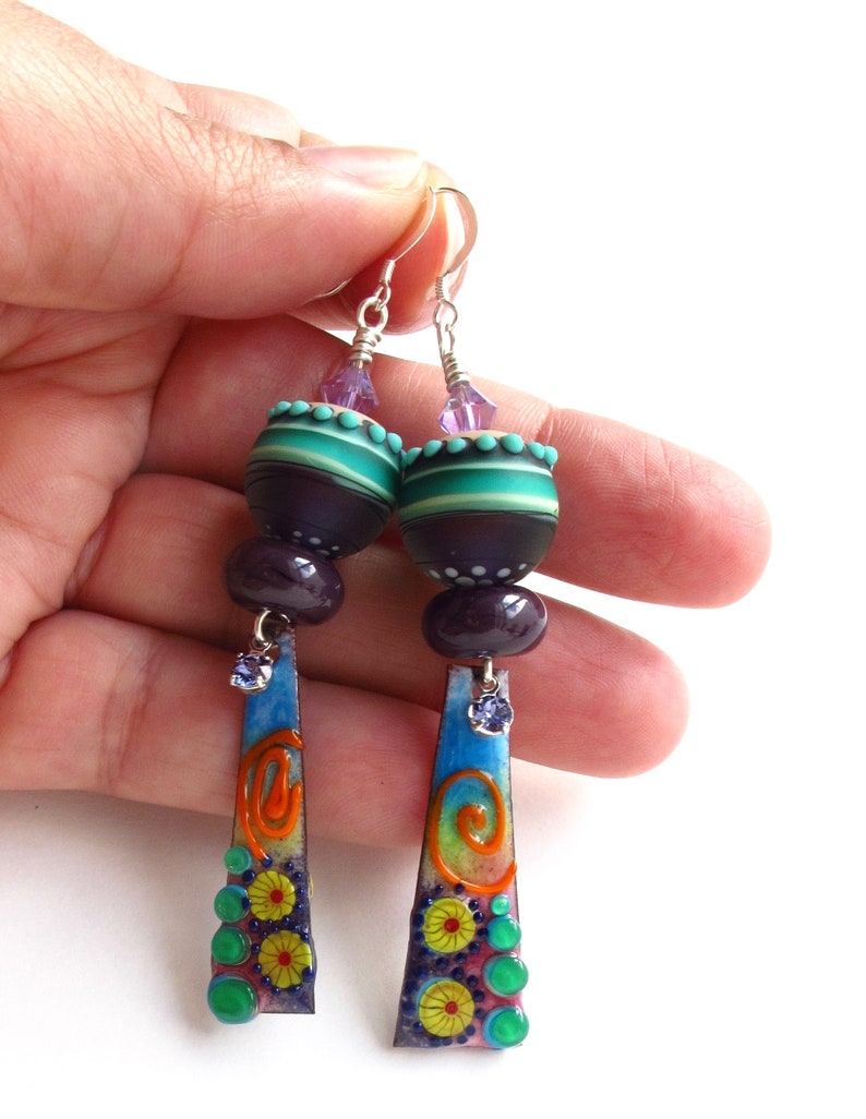Rainbow Earrings-Colorful Earrings-Dangle Earrings Enamel Earrings-Lampwork Earrings Statement Earrings-Artisan Earrings Long Earrings