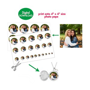 May include: A digital download product featuring circular photo stickers and a locket necklace. The stickers are printed with a photo of two women. The text reads "Digital Download" and "print onto 4" x 6" size photo pape".