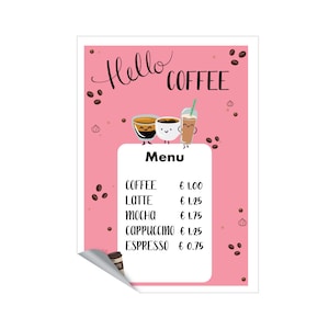 Olá café cartão de menu de café rosa, jogo de simulação, para impressão, Duktig play kitchen, Ikea Duktig, download para impressão, cartão de menu, arquivo PDF, menu