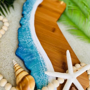 California Shaped Bamboo Charcuterie Board with Ocean Resin Waves, Golden State Serving Tray, Ocean Lover Housewarming Gift