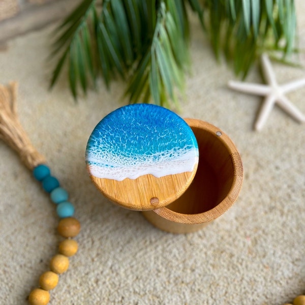 Ocean Resin Bamboo Salt and Storage Box, Salt Cellar, Salt Box, Kitchen Storage, Trinket Box, Spice Container