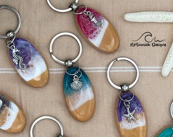 Resin Keychain, Ocean Resin Art, Beach Keychain, Wood Keychain, Custom Keychain, Key Ring, Surfer Gift, Birthday Gift