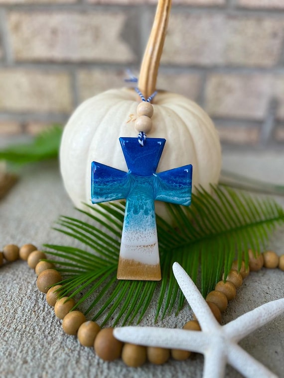 Beach Cross Christmas Ornament, Religious Ornament, Resin Ocean, Holiday Ornament, Baptism Gift, Confirmation Gift,