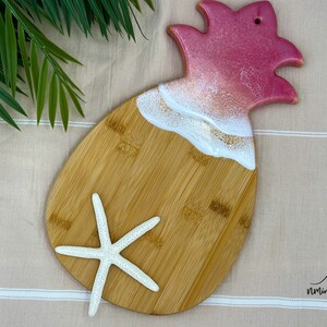 Pink Pineapple Sunrise Bamboo Serving Board with Resin Art Ocean, Pineapple Decor, Pink Charcuterie Board, Pink Christmas Gift
