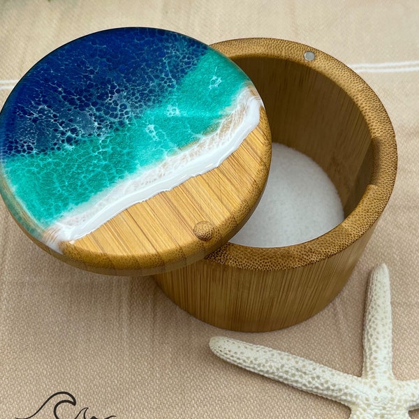 Ocean Resin Bamboo Salt and Storage Box, Salt Cellar, Salt Box, Kitchen Storage, Trinket Box, Spice Container