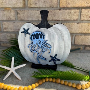 Jellyfish Coastal Farmhouse Pumpkin, Hand-Painted Nautical Fall Decor, Beach House Autumn Table Centerpiece, Ocean Inspired Decor