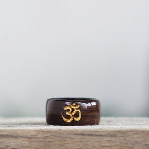 Wooden Om Ring for Yoga Inspiration, Smoked Oak With Gold Symbol, Om Ring, Buddhism Ring, Wooden Ring, Hinduism Ring, Spirit Ring, Mantra