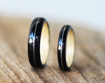 Maple Ebony and Silver Wood Ring Set, Set of Wooden Rings, Wooden Wedding Bands