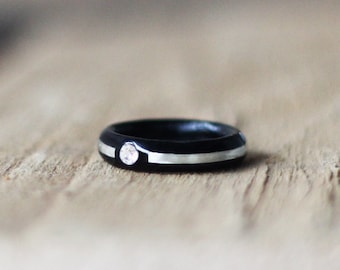 Ebony Wood Ring with Silver Inlay, 5mm Black Wooden Wedding Band with Crystal, Minimalist Men Promise Ring, Unique Women Wood Statement Band