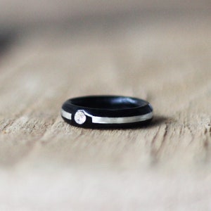 Wooden Ring Handmade, Ebony, Silver and Crystal Gem Bentwood Ring