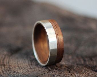 Silver and Wood Ring, Wooden Wedding Ring, Walnut Wood Ring, Handmade Bentwood Ring, Dark Wooden Ring