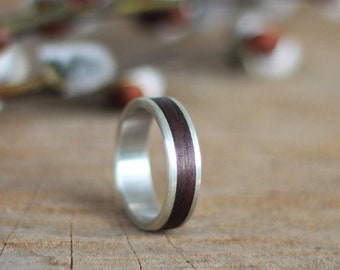 Silver and Wood Ring, Wooden Wedding Ring, Walnut Wood Ring, Handmade Bentwood Ring, Dark Wooden Ring, Engagement ring