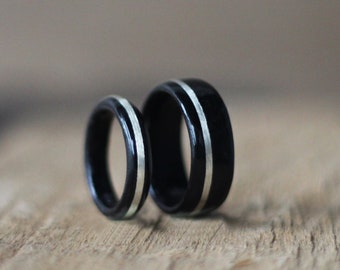 Ebony and Silver Wood Ring Set, Set of Wooden Rings, Wooden Wedding Bands