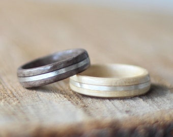 Old Oak Maple and Silver Wood Ring Set, Set of Wooden Rings, Wooden Wedding Bands