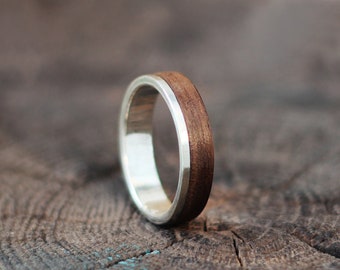 Silver and Wood Ring, Wooden Wedding Ring, Walnut Wood Ring, Handmade Bentwood Ring, Dark Wooden Ring