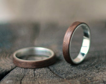 Silver and Wood Ring, Silver Wooden Wedding Ring, Walnut Wood Ring, Handmade Bentwood Ring, Dark Wooden Ring