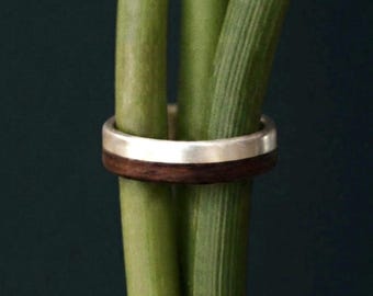 Minimalist Silver & Wood Ring – Handmade Nature Inspired Wedding Band – Rustic Mens Ring – Wooden Inlay Ring – Unique Artisan Jewelry