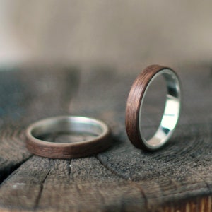 Silver and Wood Ring, Silver Wooden Wedding Ring, Walnut Wood Ring, Handmade Bentwood Ring, Dark Wooden Ring