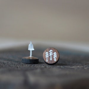 Wooden Stud Earrings made from European walnut Tree with spruce inlay made of white pebble stone