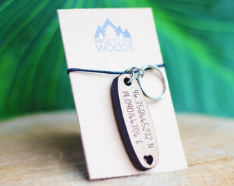 Personalized Coordinates Wooden Keychain, Location Coordinates Keyring, Handmade