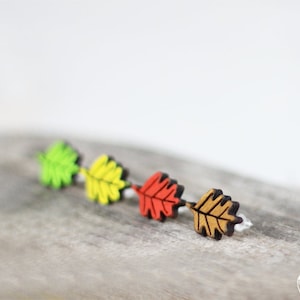 Wooden Stud Earrings Made from Colored European Birch Tree - Autumn Leaves, Oak Leaves