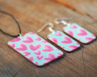 Wooden Pendant and Dangle Earrings Set, Hearts Pendant