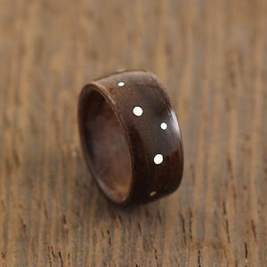 Silver and Wood Ring, Wooden Wedding Ring, Walnut Wood Ring, Handmade Ring, Dark Wooden Ring, Waterproof Wood Ring, Silver Dots Ring, Silver