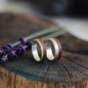Silver and Wood Ring Set, Set of Wooden Rings with Silver bade, Wooden Wedding Bands