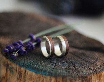 Silver and Wood Ring Set, Set of Wooden Rings with Silver bade, Wooden Wedding Bands