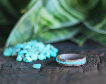 Bentwood Wooden Ring Handmade Old Oak Wood and Turquoise Stone Unisex,