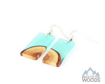 Wooden Earrings From Larch Wood and Turquoise Resin