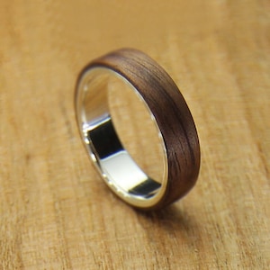 Silver and Wood Ring, Wooden Wedding Ring, Walnut Wood Ring, Handmade Bentwood Ring, Dark Wooden Ring