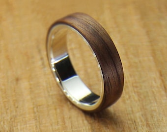 Silver and Wood Ring, Wooden Wedding Ring, Walnut Wood Ring, Handmade Bentwood Ring, Dark Wooden Ring