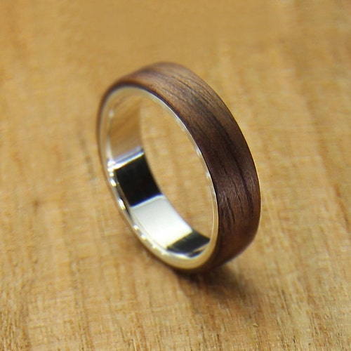 Silver and Wood Ring Wooden Wedding Ring Walnut Wood Ring - Etsy