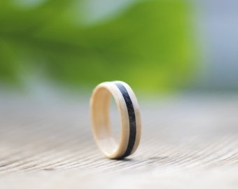 Wooden Ring Handmade From Maple Wood and Black Stone Unisex