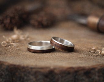Walnut Wood and 925 Silver Ring Set | Matching Wedding Bands | 6mm Couple Rings | Rustic Anniversary Gift | His and Hers Wooden Rings