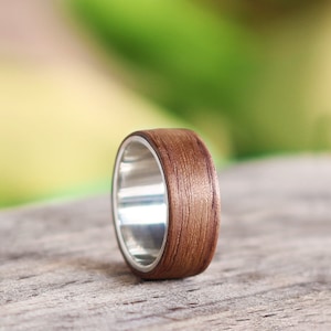 Silver and Wood Ring, Wooden Wedding Ring, Walnut Wood Ring, Handmade Bentwood Ring, Dark Wooden Ring, Wider ring