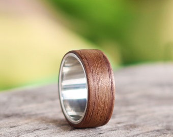 Silver and Wood Ring, Wooden Wedding Ring, Walnut Wood Ring, Handmade Bentwood Ring, Dark Wooden Ring, Wider ring