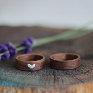 Walnut Wood Ring Set, Set of Wooden Rings, Wooden Wedding Bands, Silver heart