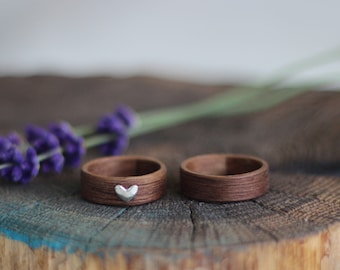 Walnut Wood Ring Set, Set of Wooden Rings, Wooden Wedding Bands, Silver heart