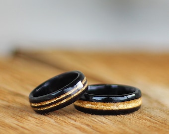 Set of 2 Bentwood Wooden Ebony and Gold Rings, Wooden Wedding Rings Set