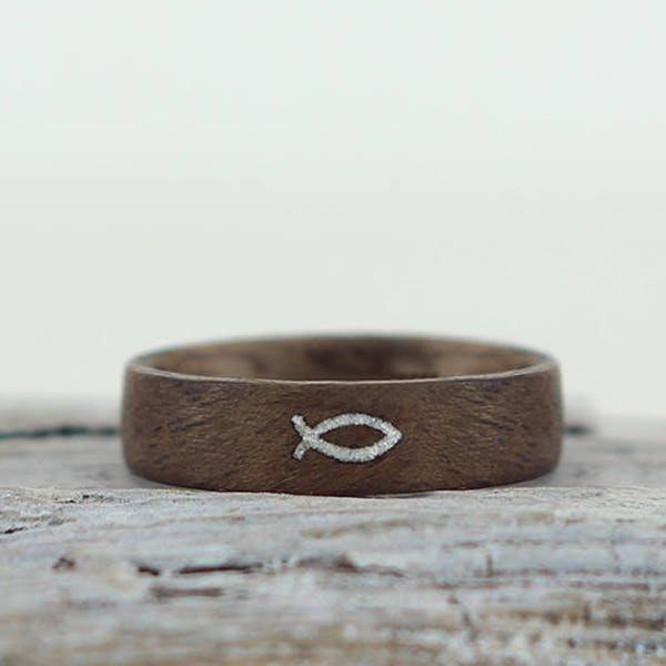 Ichtus Wood Ring, Wooden Jesus Ring, Walnut Wood Ring, Handmade Ring, Dark Wooden Ring, Waterproof Wood Ring, White Jesus Fish, Ichtus Ring