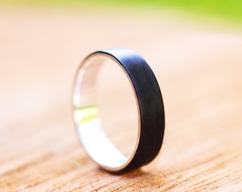 Silver and Wood Ring, Wooden Wedding Ring, Ebony Wood Ring, Handmade Bentwood Ring, Dark Wooden Ring