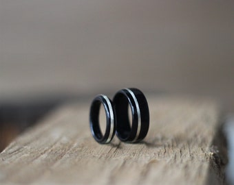 Set of 2 Bentwood Wooden Ebony and Silver Rings, Wooden Wedding Rings Set